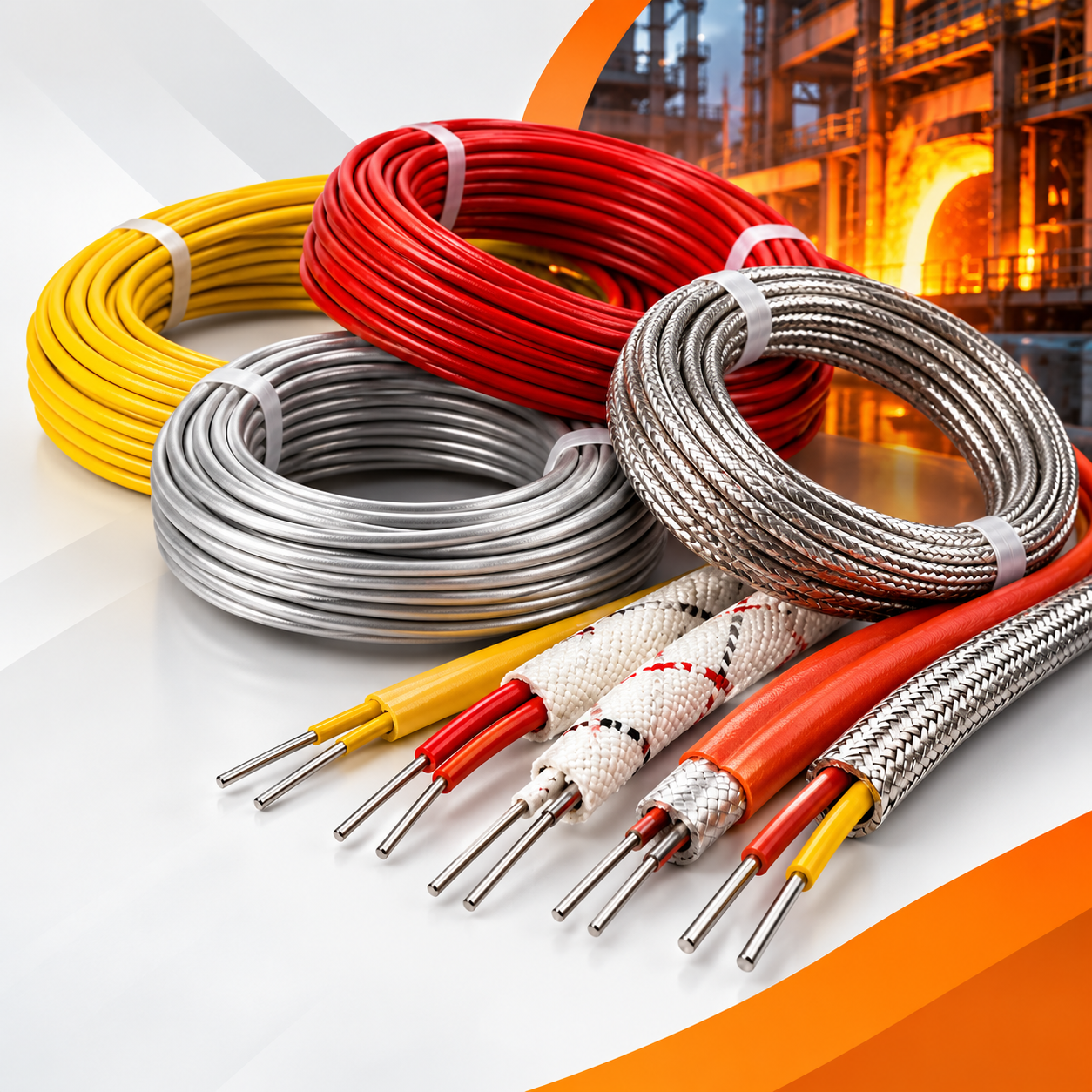 Coils of thermocouple wire in red, yellow and braided stainless insulation