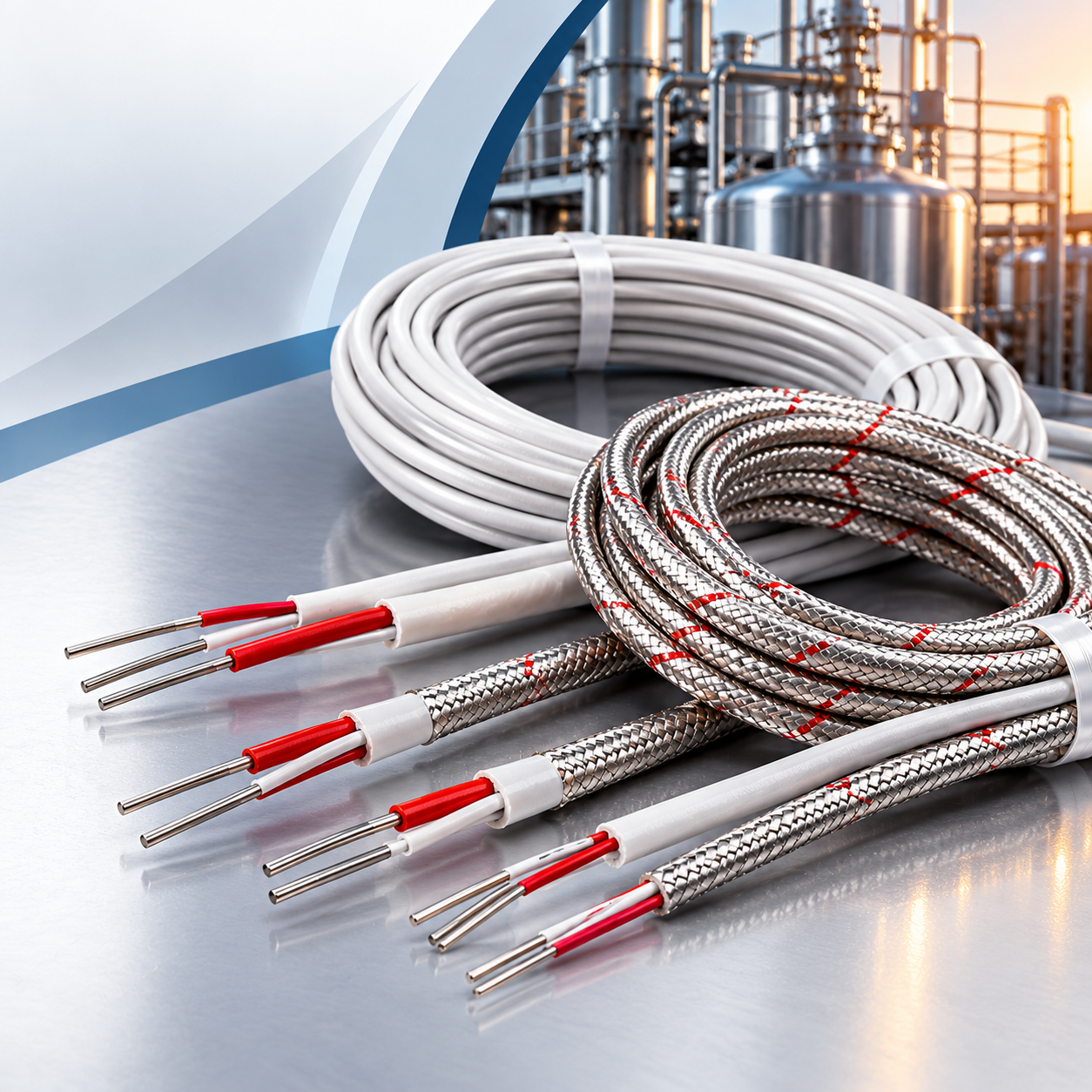 Coils of shielded RTD lead wire with braided stainless and white insulation